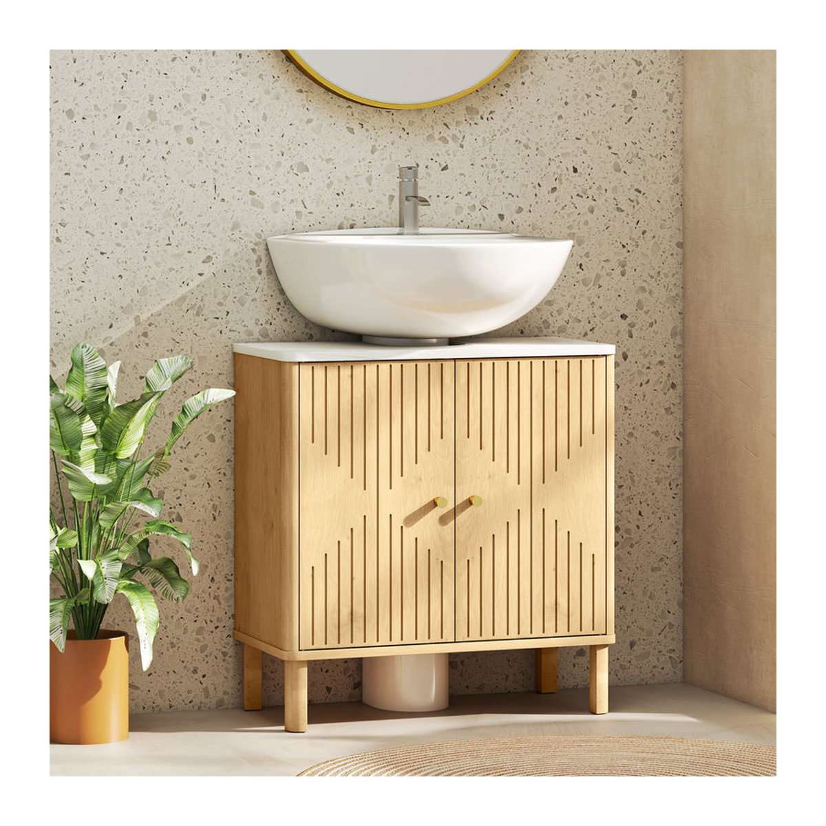 HOMCOM Badezimmerschrank Eiche Natur mit 2 verzierten Drehtüren und Marmor-Effekt-Regal als Waschtischunterschrank - Bild 2