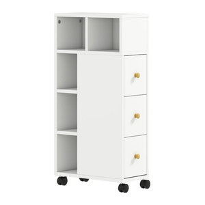 HOMCOM Badezimmerschrank Weiß mit 3 Schubladen und 5 offenen Fächern, schmaler Nischenschrank auf Rollen, B/T/H: 40 x 20 x 80 cm