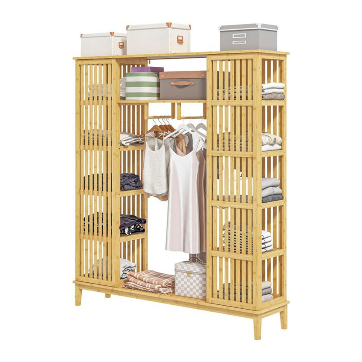 HOMCOM Bambus Kleiderschrank mit 2 Schiebetüren und offenen Regalen in Natur, B/T/H: 145 x 35 x 165 cm - Bild 1