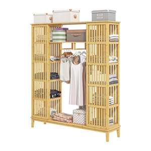 HOMCOM Bambus Kleiderschrank mit 2 Schiebetüren und offenen Regalen in Natur, B/T/H: 145 x 35 x 165 cm