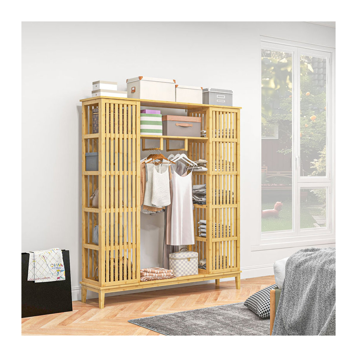 HOMCOM Bambus Kleiderschrank mit 2 Schiebetüren und offenen Regalen in Natur, B/T/H: 145 x 35 x 165 cm - Bild 2