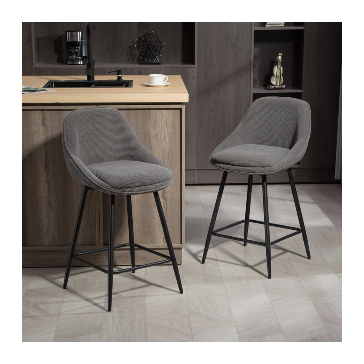 HOMCOM Barhocker 2er Set in Grau mit Cord-Optik und Stahlgestell, Sitzhöhe: 65 cm - Bild 2
