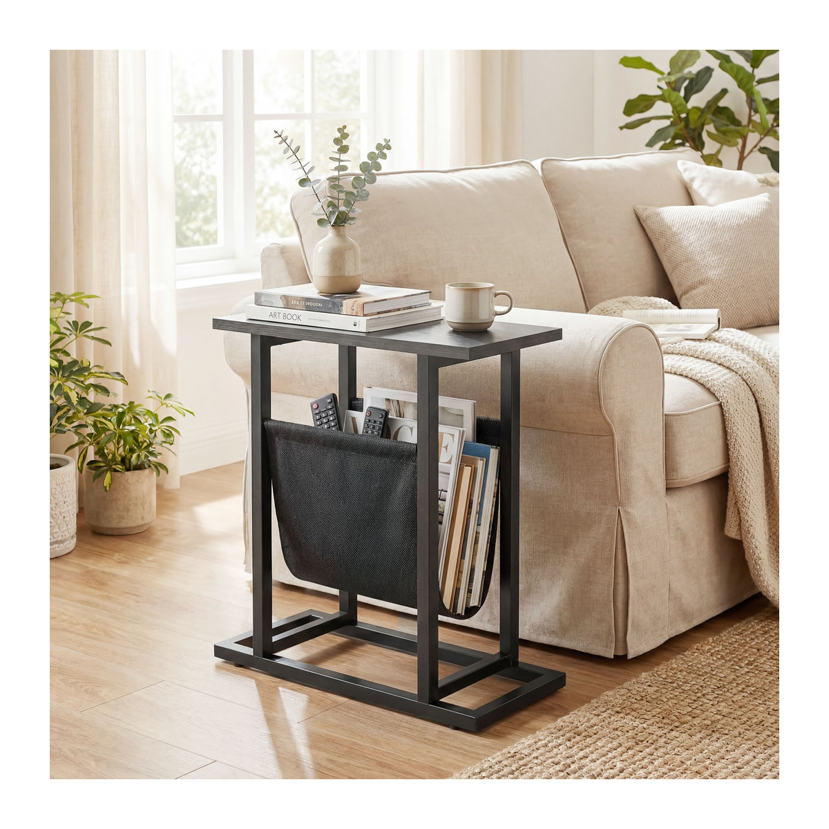 HOMCOM Beistelltisch mit Stofftasche in Schwarz, moderner Couchtisch im Industrial-Design mit Stahlrahmen, B/T/H: 49 x 19 x 55 cm - Bild 2