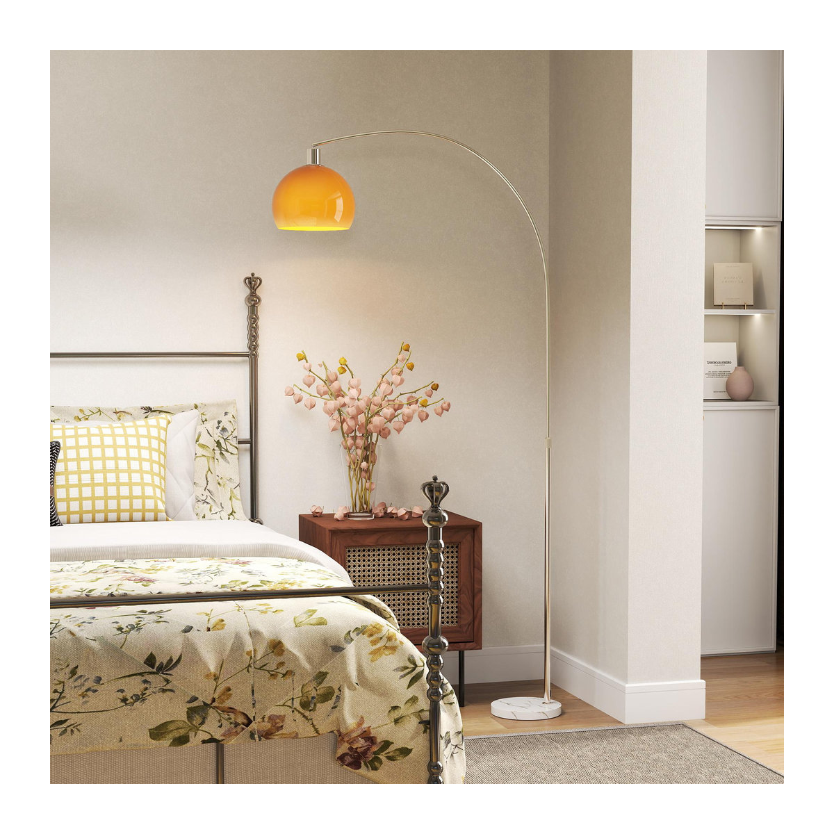 HOMCOM Bogenstandlampe Modern mit rundem Lampenschirm aus Marmor, Metall und Kunststoff, Weiß und Orange, H x B x T: 180 x 26 x 90 cm - Bild 2