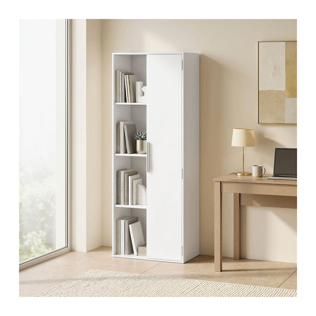 HOMCOM Bücherregal in Weiß mit 7 Ebenen, modernes Standregal mit Tür und 4 offenen Regalfächern, B/T/H: 60 x 35 x 160 cm - Bild 2