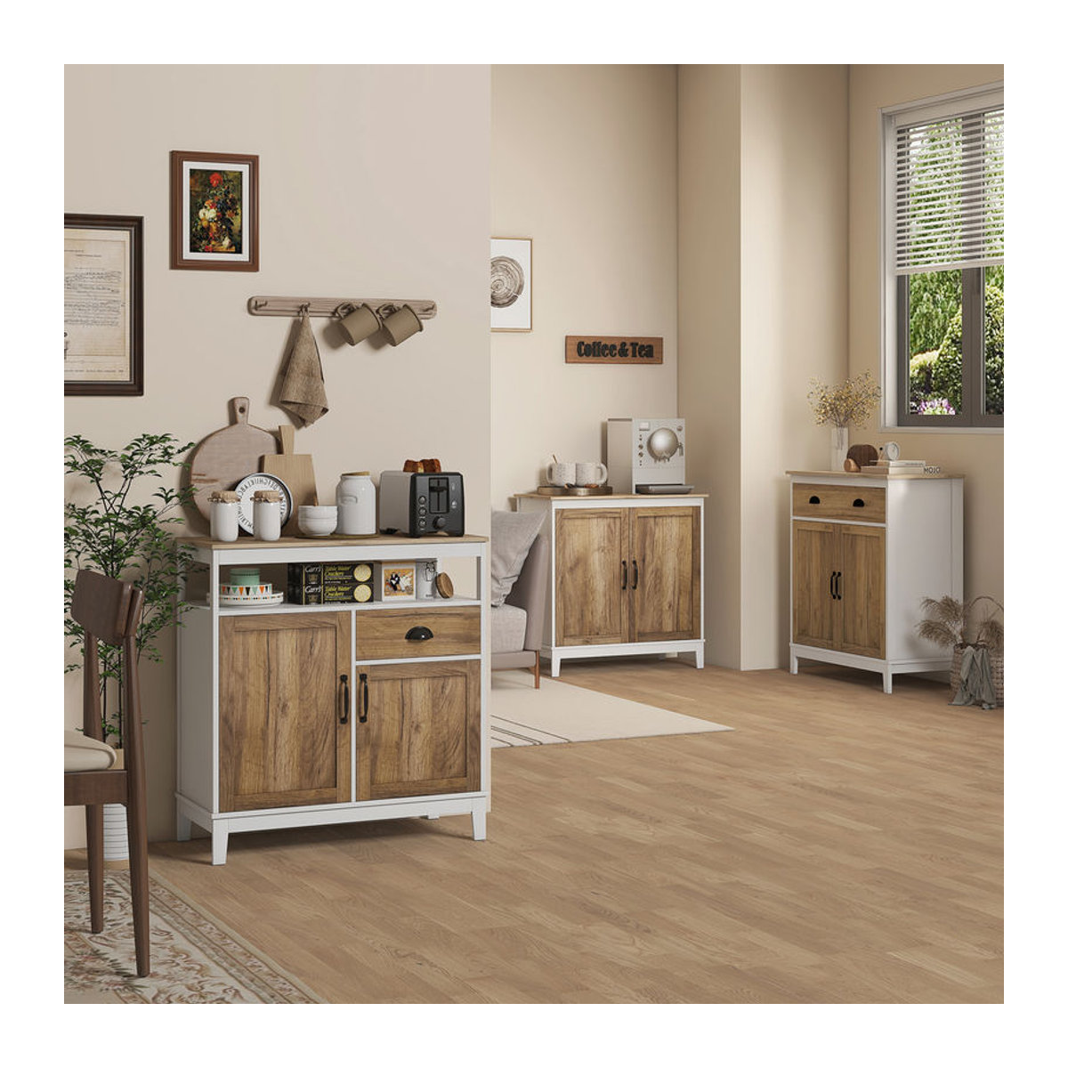 HOMCOM Buffet Küchenschrank in Landhausoptik mit 2 Türen und 1 Schublade, Braun/Weiß, B/T/H: 76,6 x 35 x 81,5 cm - Bild 2