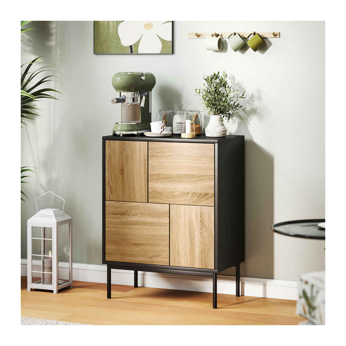 HOMCOM Buffet Sideboard Modern mit 4 Fächern und Drucktüren, Schwarz und Natur, B/T/H: 60 x 35 x 78 cm - Bild 2