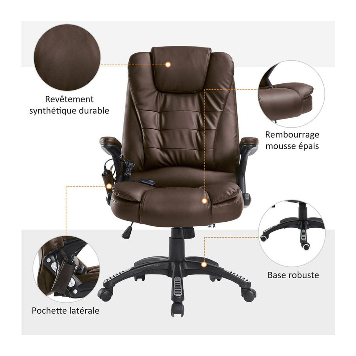 HOMCOM Chefsessel mit Massagefunktion und Wärmefunktion aus Kunstleder in Braun oder Schwarz, Breite: 68 cm - Bild 7