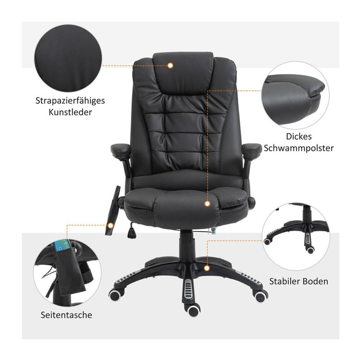 HOMCOM Chefsessel mit Massagefunktion und Wärmefunktion, Kunstleder, Schwarz, Breite: 68 cm - Bild 5