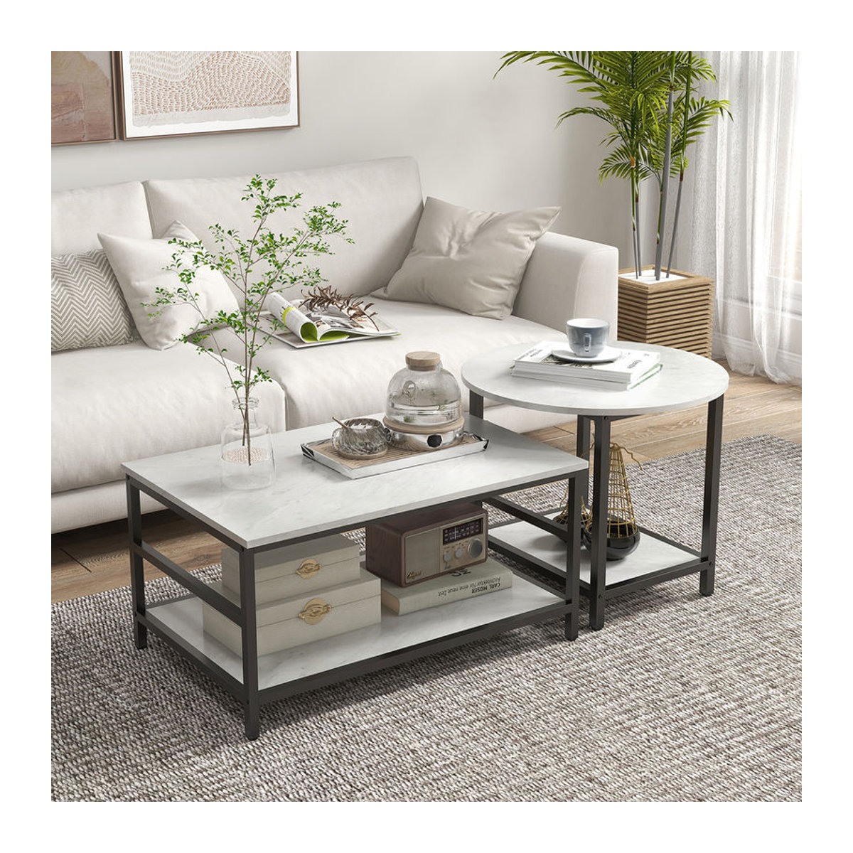 HOMCOM Couchtisch 2er-Set in modernem Design mit Marmoroptik und Stahlgestell, Schwarz/Weiß - Bild 2