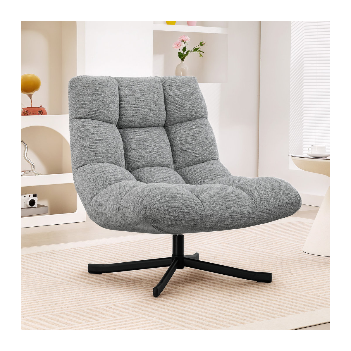 HOMCOM Drehbarer Loungesessel mit breiter Sitzfläche in Grau, gepolsterter Relaxsessel mit wasserabweisender Chenille-Optik und Stahlbeinen, moderner Polsterstuhl für Wohnzimmer und Schlafzimmer - Bild 2