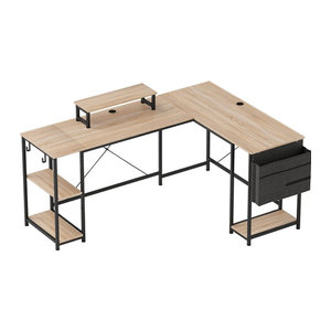 HOMCOM Eckschreibtisch L-Form in Natur mit Regal, Monitorständer und Haken, moderner Computertisch für Büro und Gaming, B/T/H: 168 x 120 x 90 cm