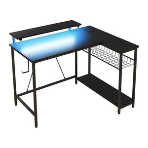 HOMCOM Eckschreibtisch L-Form in Schwarz mit LED, Steckdosen, USB, Monitorständer und Regal, B/T/H: 107 x 80 x 90 cm