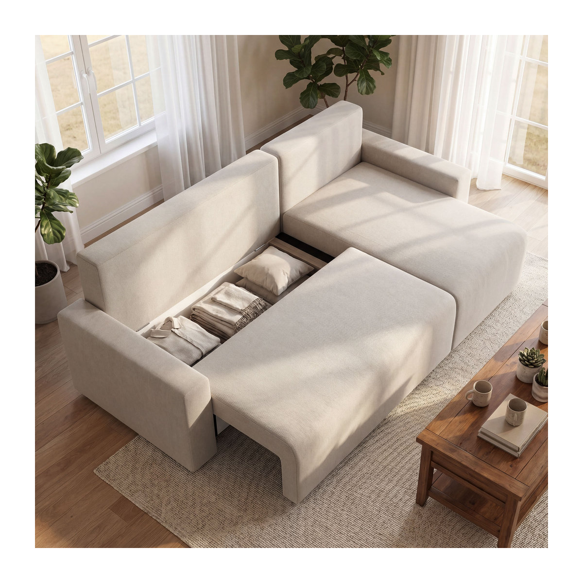 HOMCOM Ecksofa in L-Form mit Schlaffunktion und Bettkasten, 3-Sitzer Schlafsofa mit umkehrbarer Chaiselongue und Stauraum, Kunstleder-Optik, Beige - Bild 2