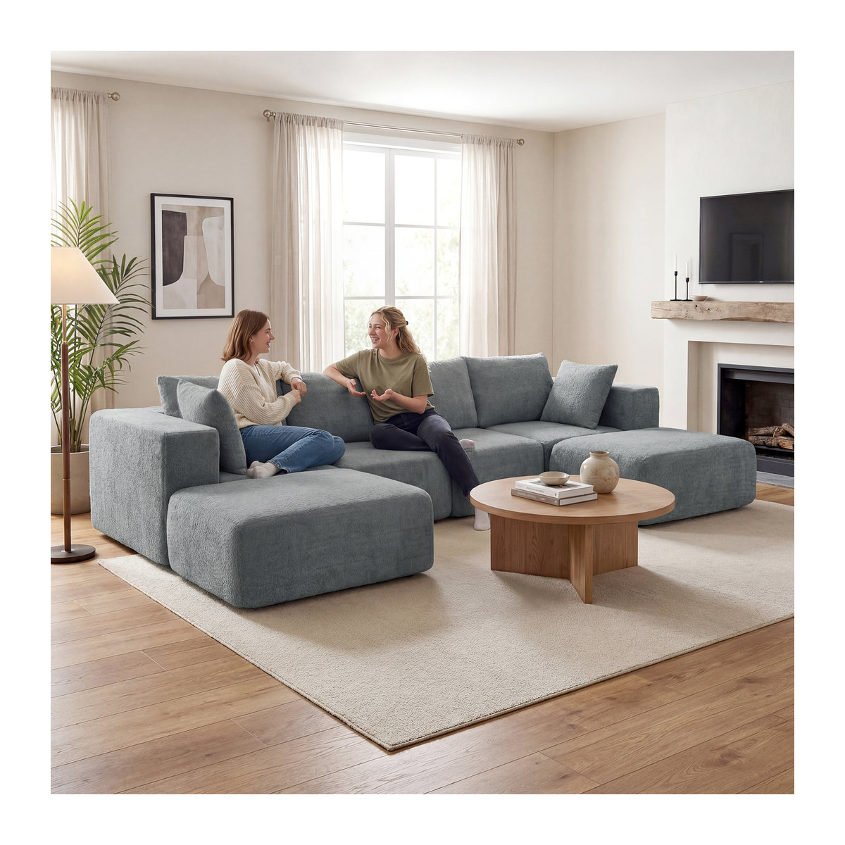 HOMCOM Ecksofa mit Schlaffunktion in U-Form, 4-Sitzer Wohnlandschaft mit Leinenoptik und Wurfkissen, Grau, Breite: 294 cm - Bild 2