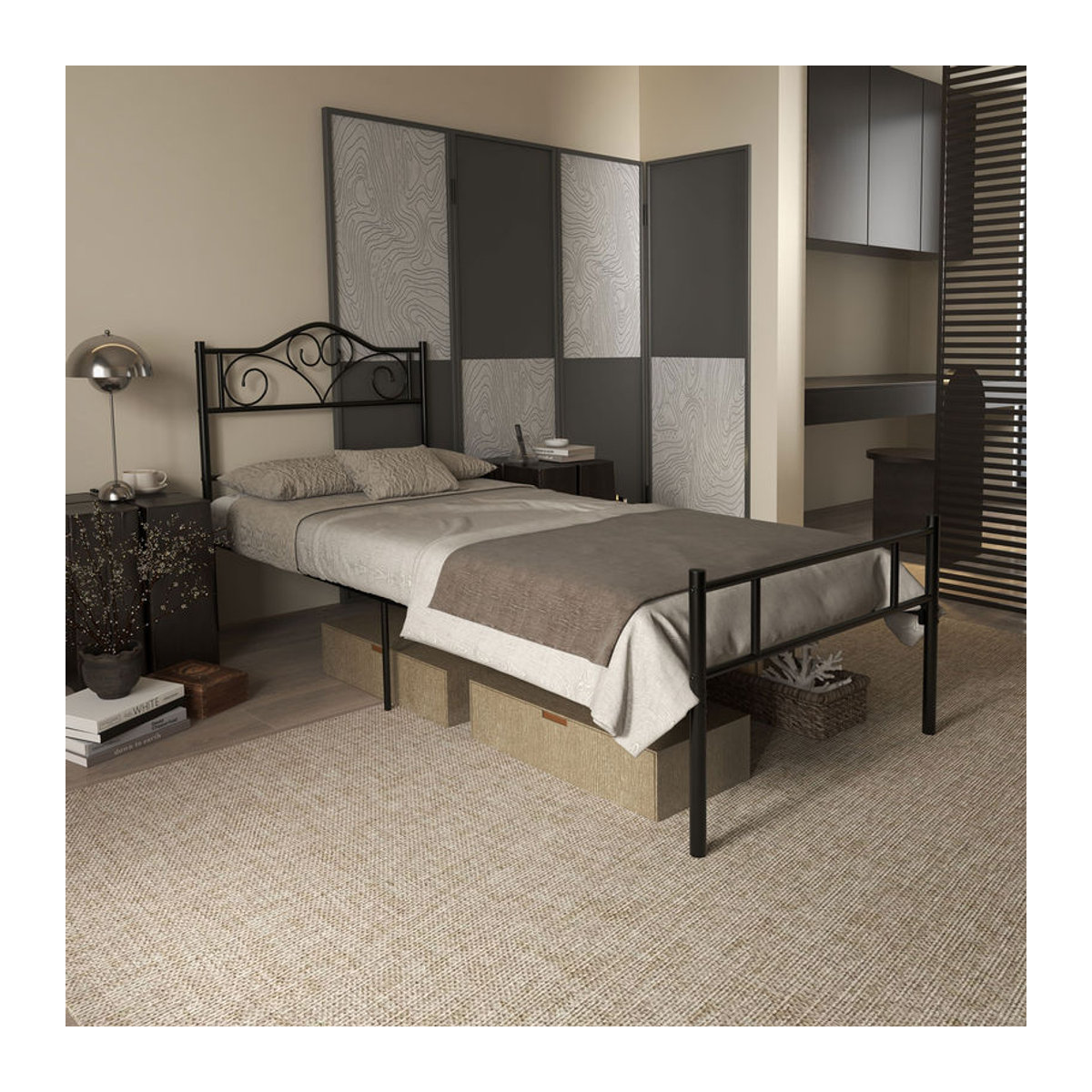HOMCOM Einzelbett aus Metall mit Lattenrost und Unterbettaufbewahrung, Schwarz, B: 90 cm, L: 200 cm, H: 31 cm - Bild 2