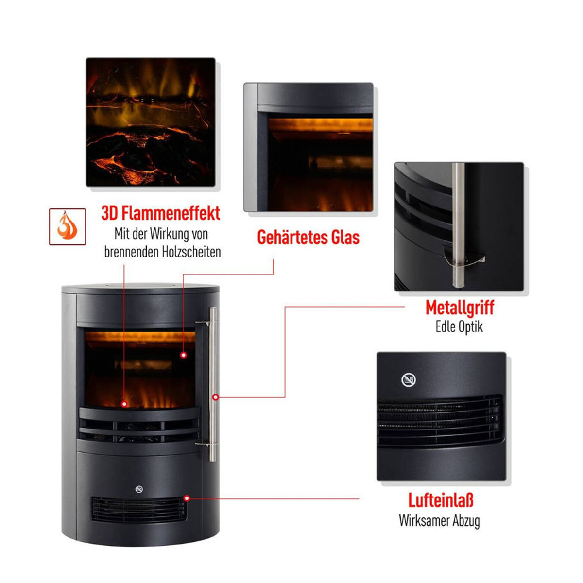 HOMCOM Elektrokamin mit LED Flammeneffekt und Heizung, Schwarz, B/H/T: 41 x 64,5 x 41 cm - Bild 4