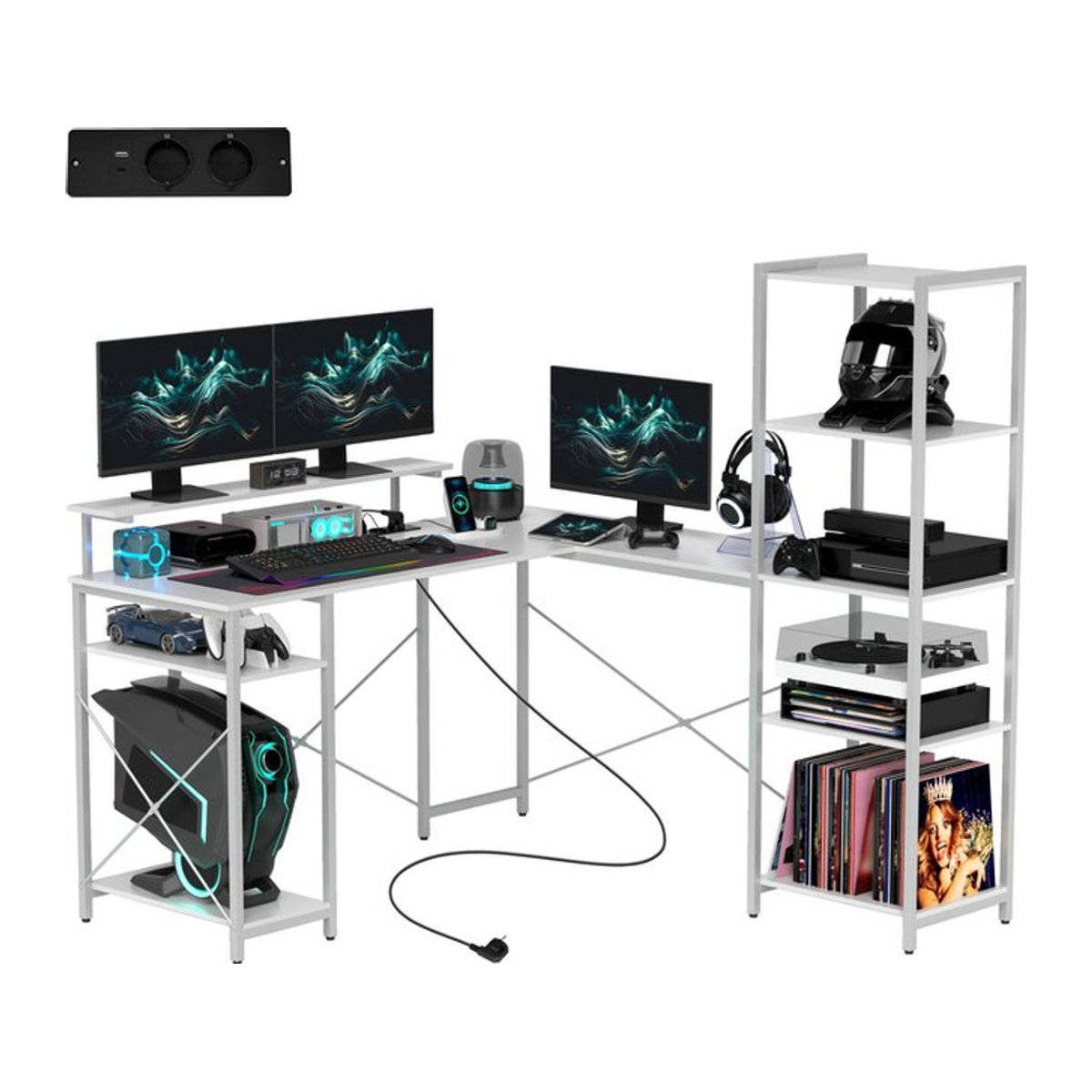 HOMCOM Gaming Schreibtisch in L-Form mit Regal, Monitorständer, Steckdose und USB-Ladeanschluss, Eckschreibtisch für Heimbüro und Schlafzimmer, Weiß, B/T/H: 137 x 140 x 139,5 cm - Bild 1
