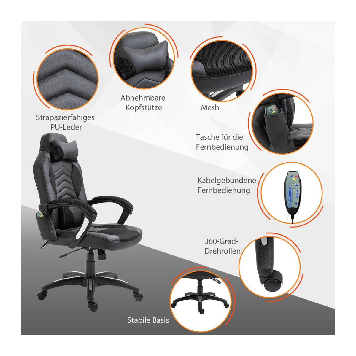 HOMCOM Gamingstuhl modern in Schwarz aus Kunstleder und Metall, B/T/H: 68 x 69 x 120 cm - Bild 9