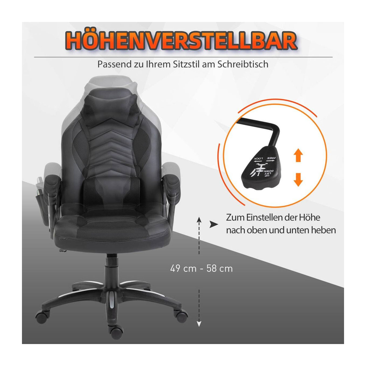 HOMCOM Gamingstuhl modern in Schwarz aus Kunstleder und Metall, B/T/H: 68 x 69 x 120 cm - Bild 10
