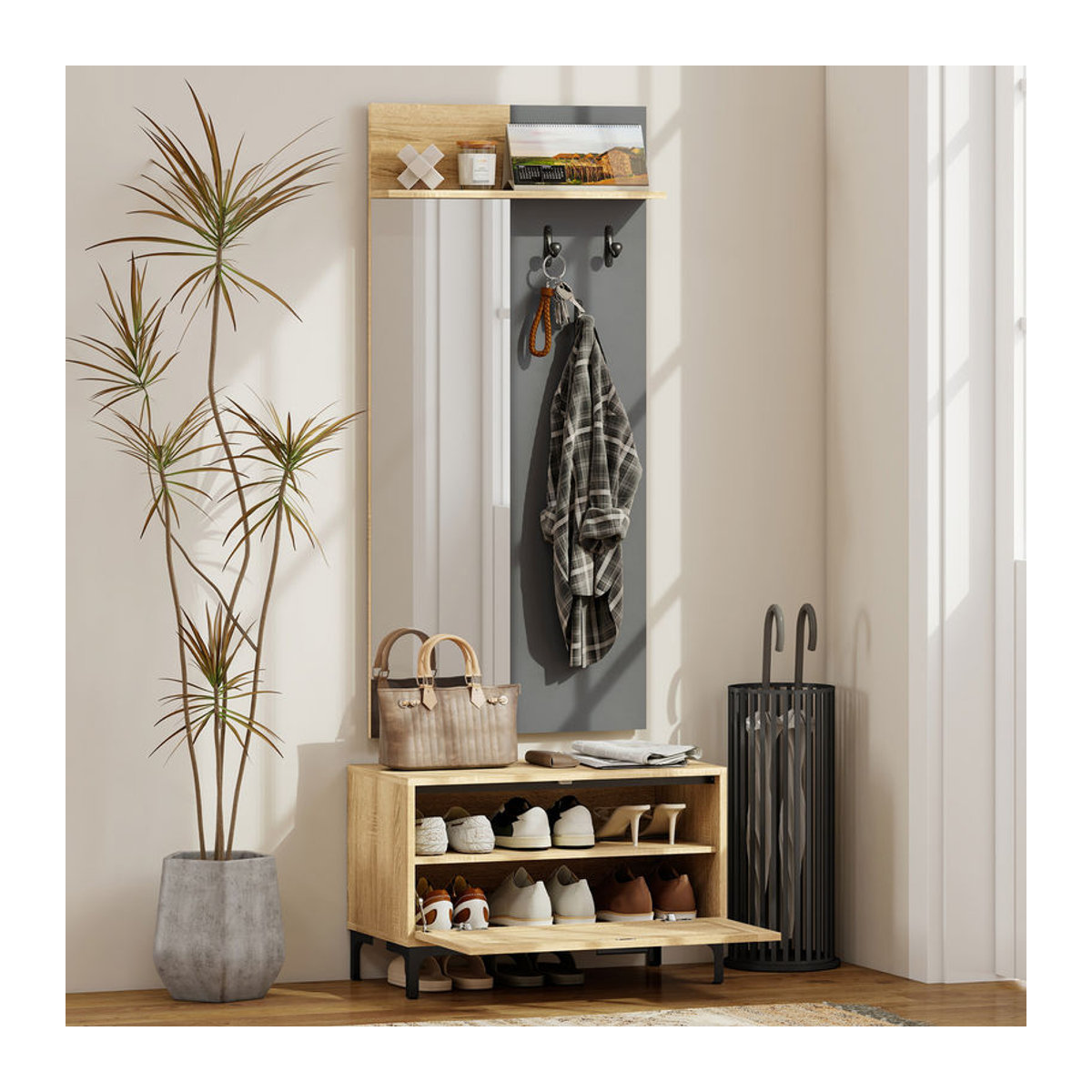 HOMCOM Garderobenset in Naturholz mit Spiegel, Schuhbank und Haken im skandinavischen Design, B/T/H: 60 x 13,5 x 127,5 cm - Bild 2