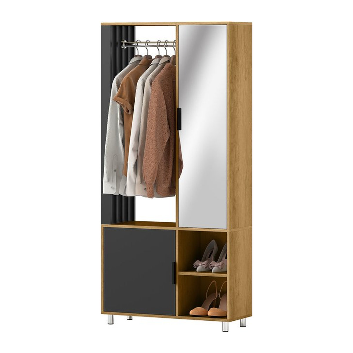 HOMCOM Garderobenset Modern in Naturholz und Schwarz mit Spiegel, Kleiderstange und Schuhschrank, B/T/H: 80 x 30 x 175 cm - Bild 1