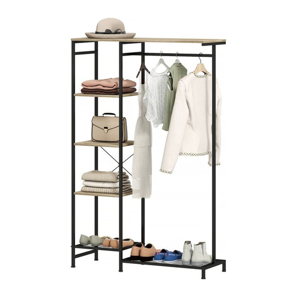 HOMCOM Garderobenständer im Industrial Design mit Kleiderstange und Schuhregal, Eiche Natur und Schwarz - Bild 1