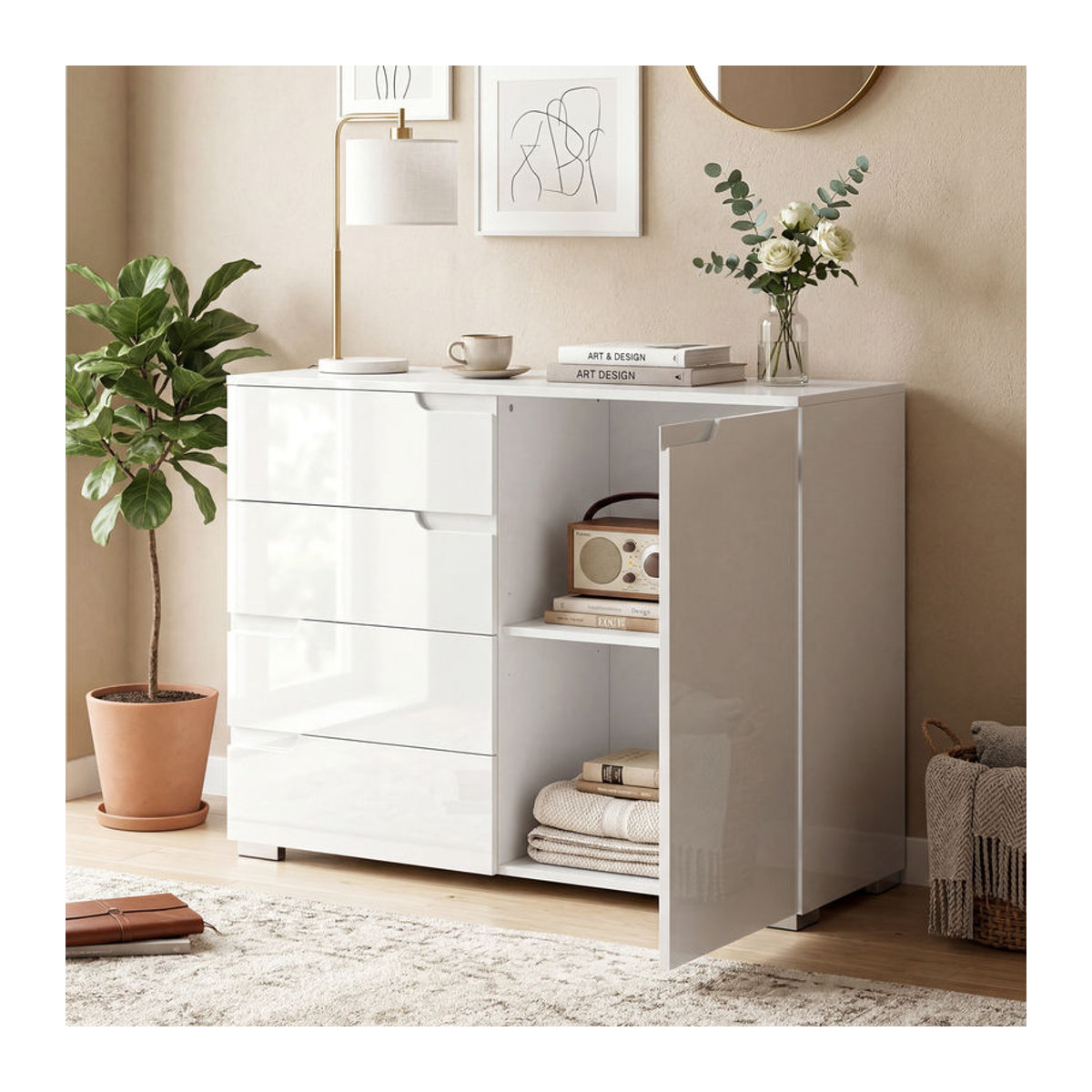 HOMCOM Hochglanz Sideboard TV-Schrank in Weiß mit 4 Schubladen und 1 Tür, B/T/H: 100 x 40 x 80 cm - Bild 2