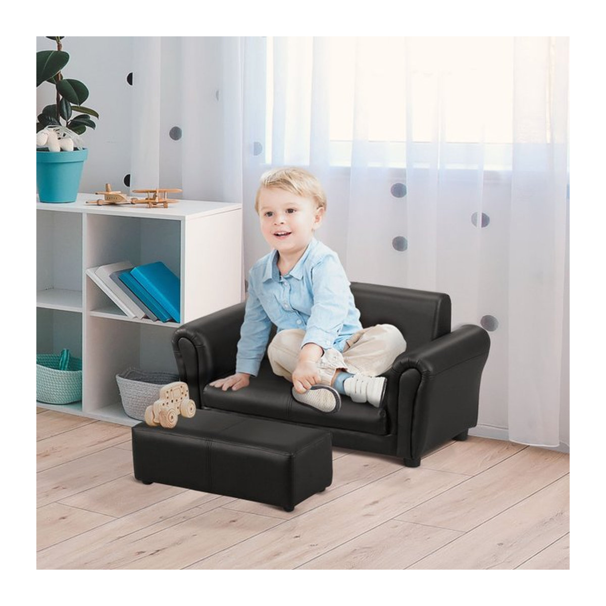 HOMCOM Kindersofa mit Hocker aus Kunstleder in Schwarz, B/T/H: 83 x 42 x 41 cm - Bild 1