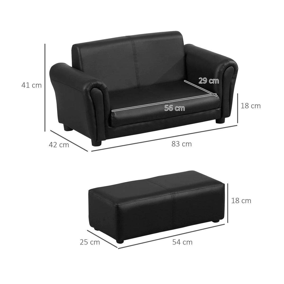 HOMCOM Kindersofa mit Hocker aus Kunstleder in Schwarz, B/T/H: 83 x 42 x 41 cm - Bild 3