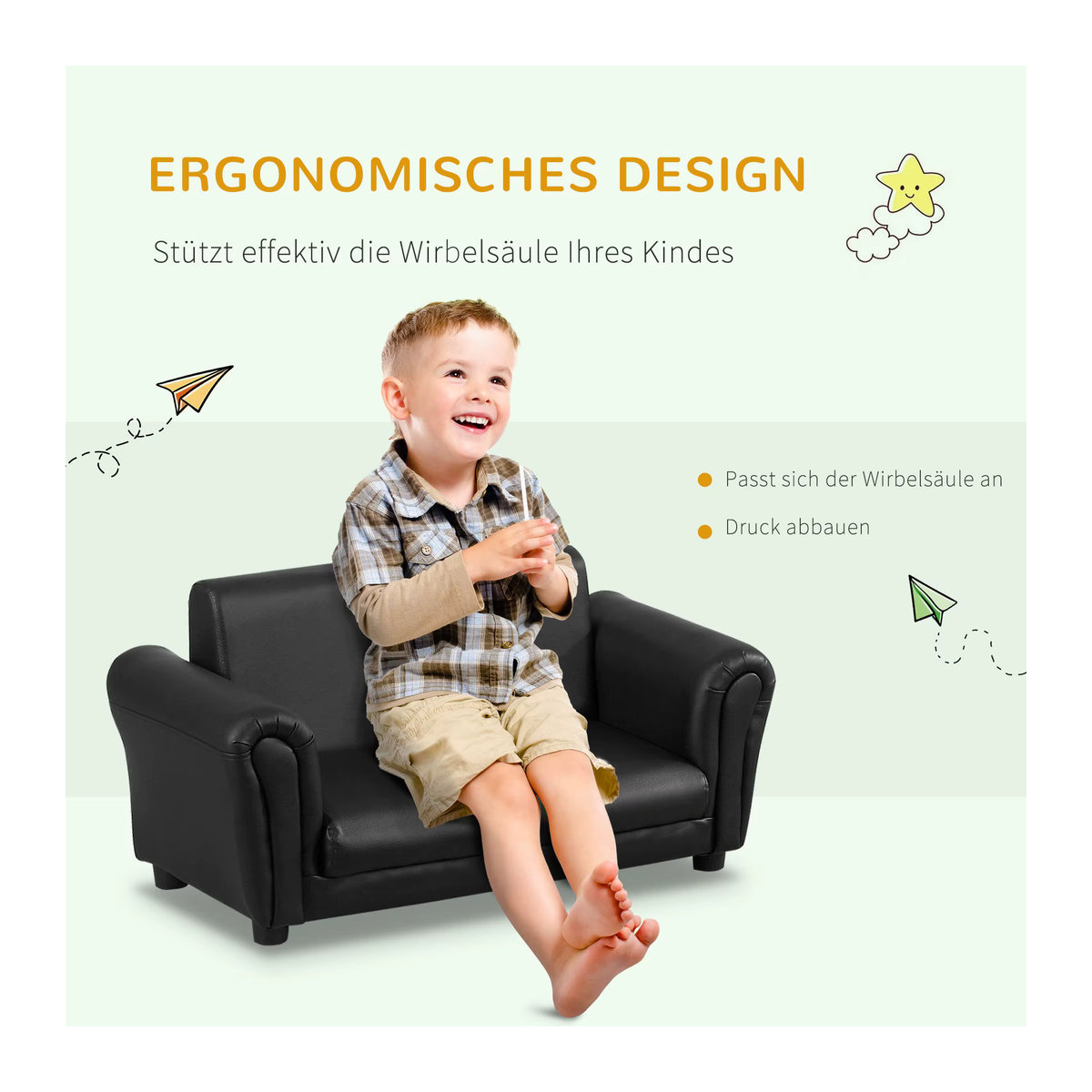 HOMCOM Kindersofa mit Hocker aus Kunstleder in Schwarz, B/T/H: 83 x 42 x 41 cm - Bild 4
