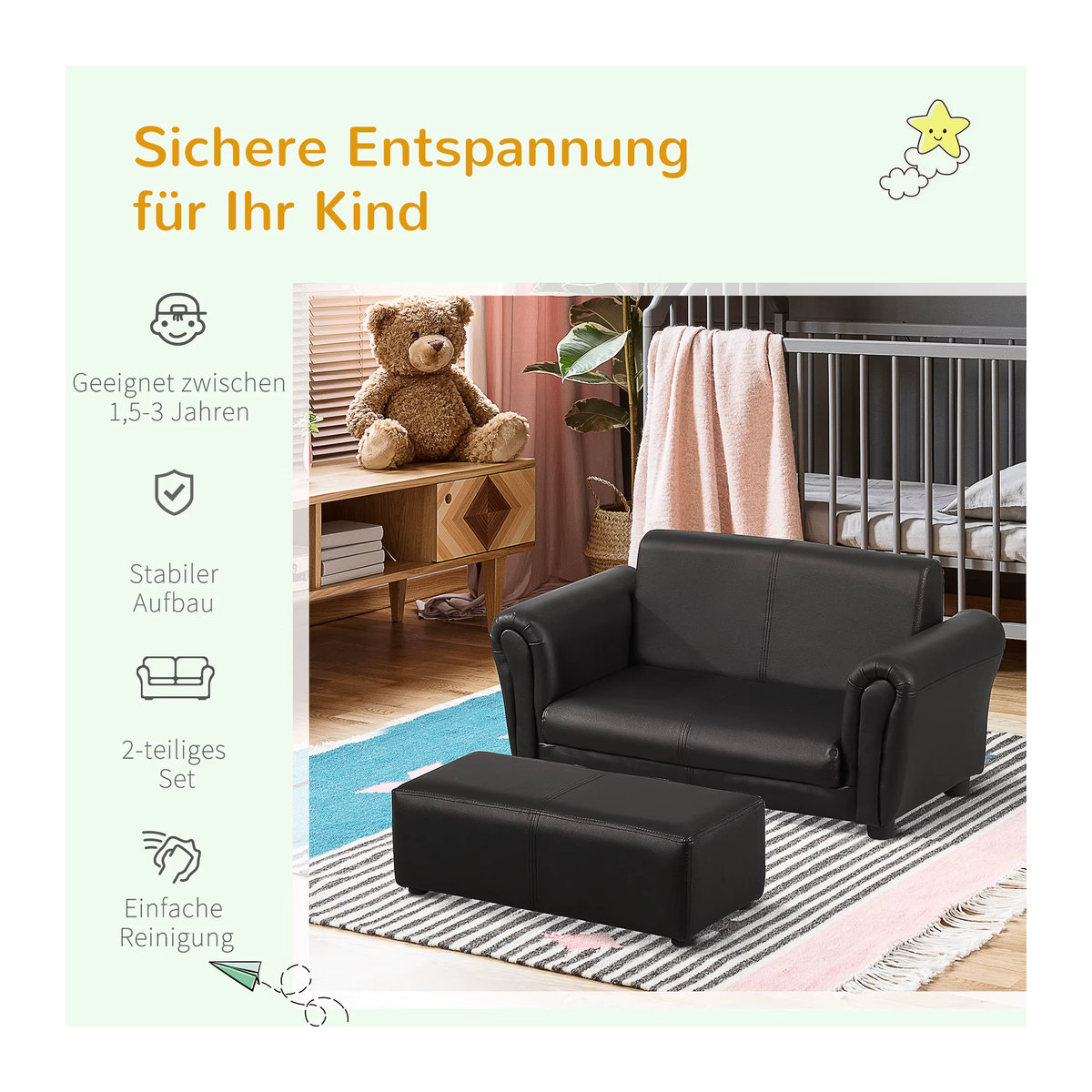 HOMCOM Kindersofa mit Hocker aus Kunstleder in Schwarz, B/T/H: 83 x 42 x 41 cm - Bild 5