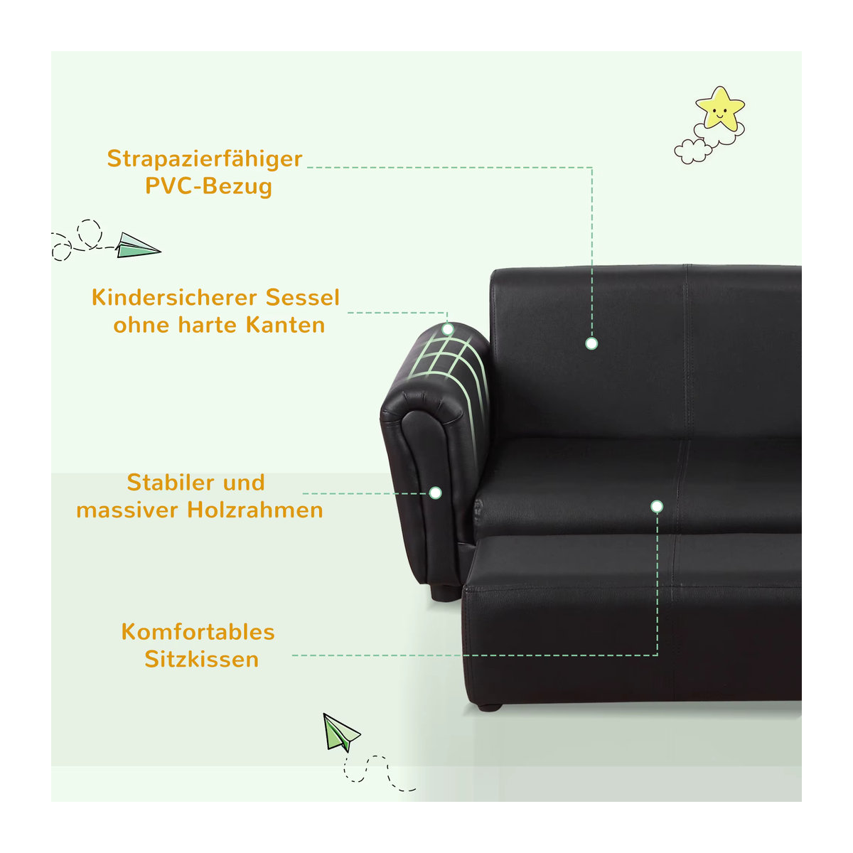 HOMCOM Kindersofa mit Hocker aus Kunstleder in Schwarz, B/T/H: 83 x 42 x 41 cm - Bild 6