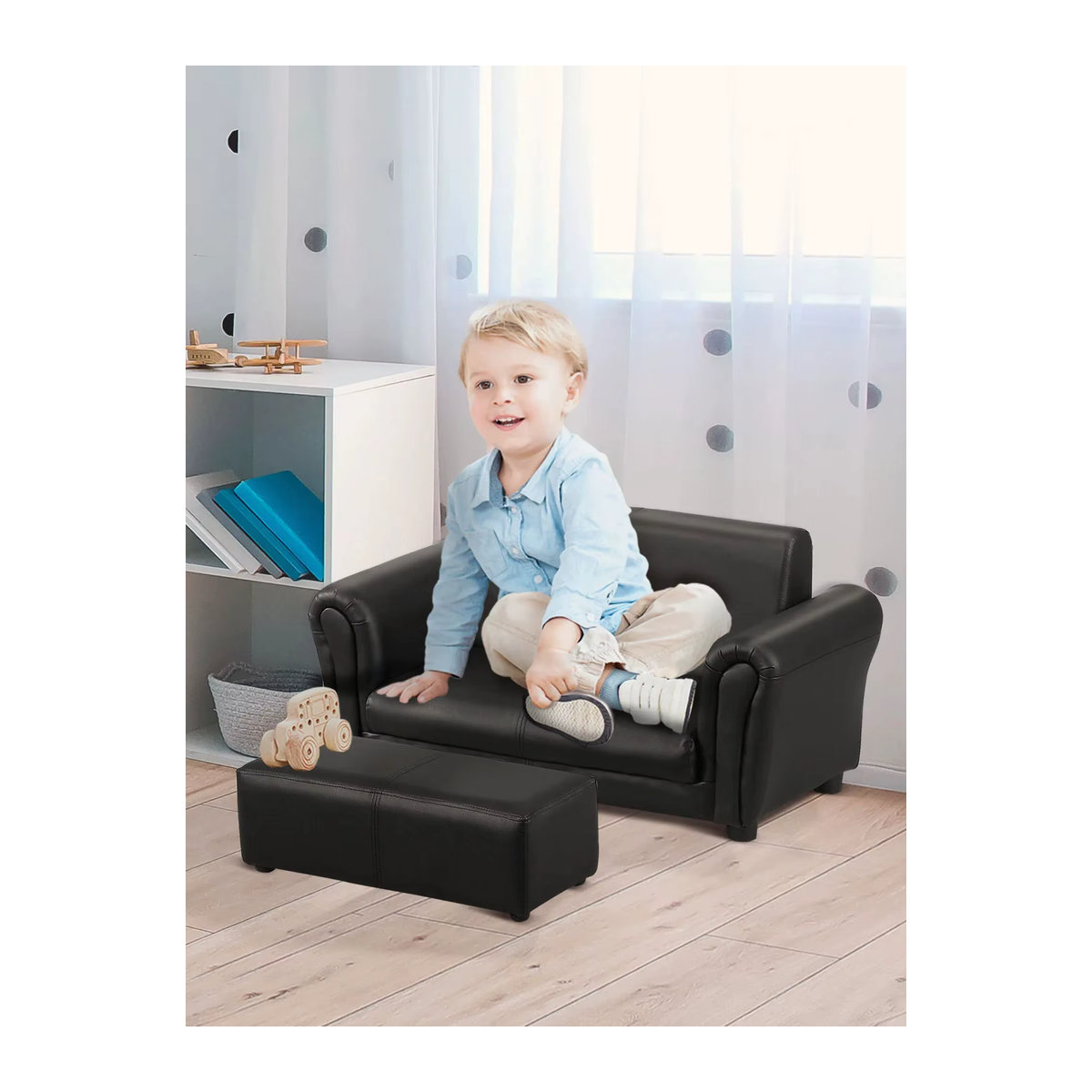 HOMCOM Kindersofa mit Hocker aus Kunstleder in Schwarz, B/T/H: 83 x 42 x 41 cm - Bild 7