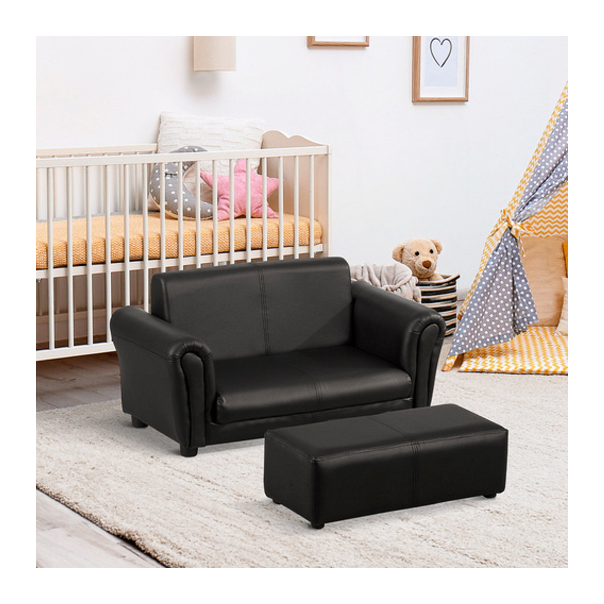 HOMCOM Kindersofa mit Hocker aus Kunstleder in Schwarz, B/T/H: 83 x 42 x 41 cm - Bild 9