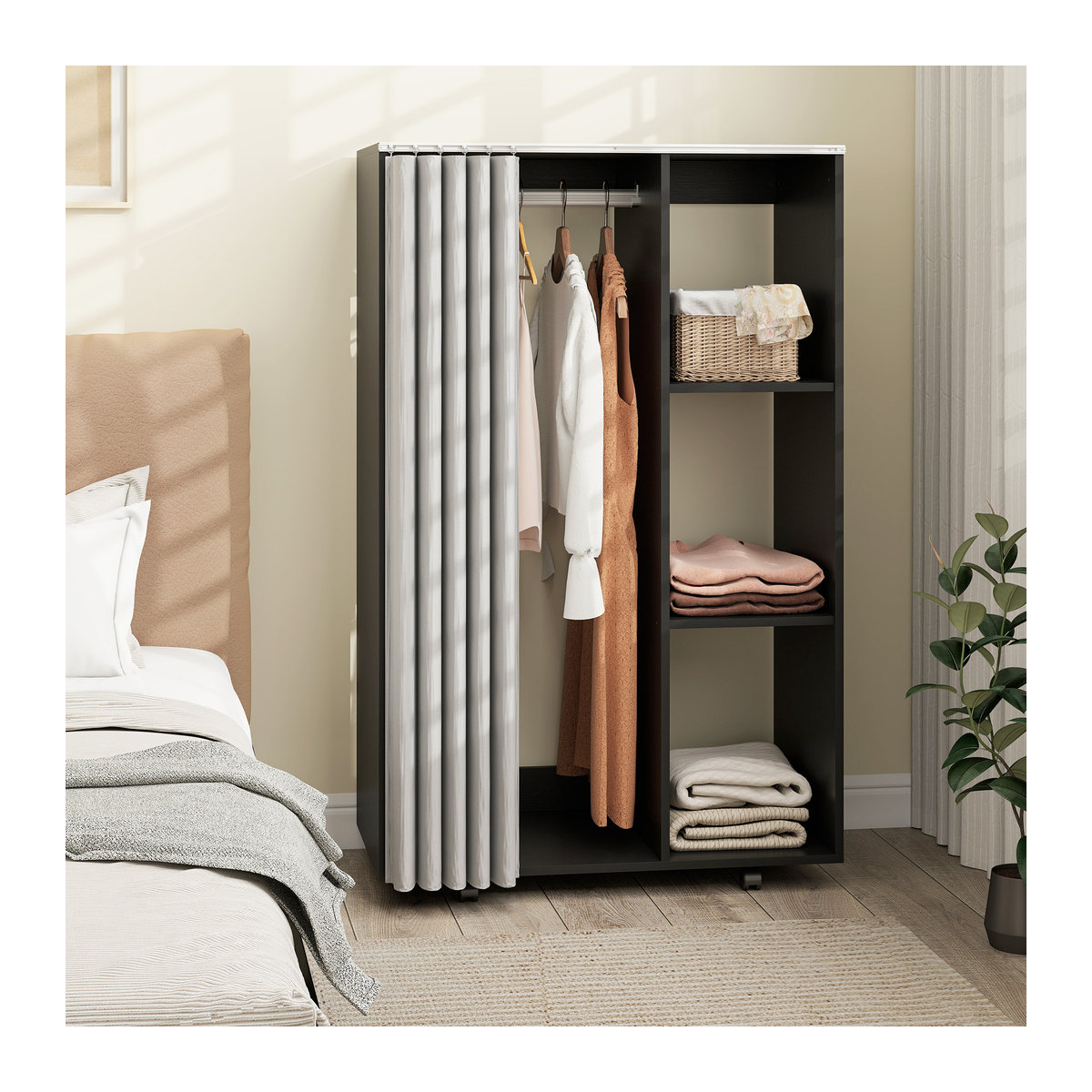 HOMCOM Kleiderschrank mit Kleiderstange und offenen Regalen, mobiles Aufbewahrungsmöbel mit 4 Rollen, Schwarz, B/T/H: 80 x 40 x 128 cm - Bild 2