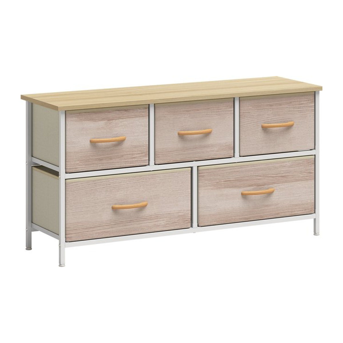 HOMCOM Kommode mit 5 Stoffschubladen und Metallrahmen in Naturholz und Weiß, B/T/H: 100 x 30 x 51,5 cm - Bild 1
