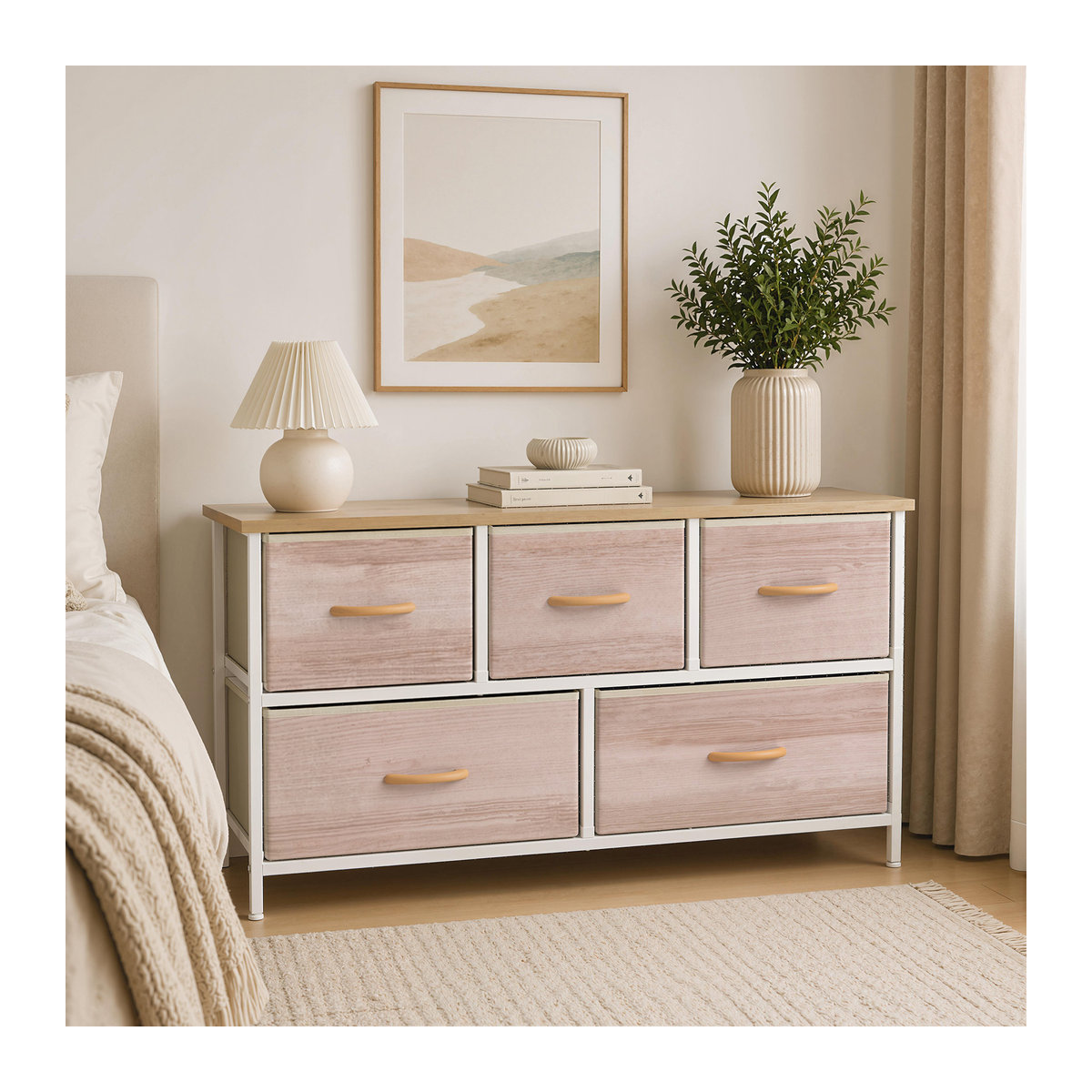 HOMCOM Kommode mit 5 Stoffschubladen und Metallrahmen in Naturholz und Weiß, B/T/H: 100 x 30 x 51,5 cm - Bild 2
