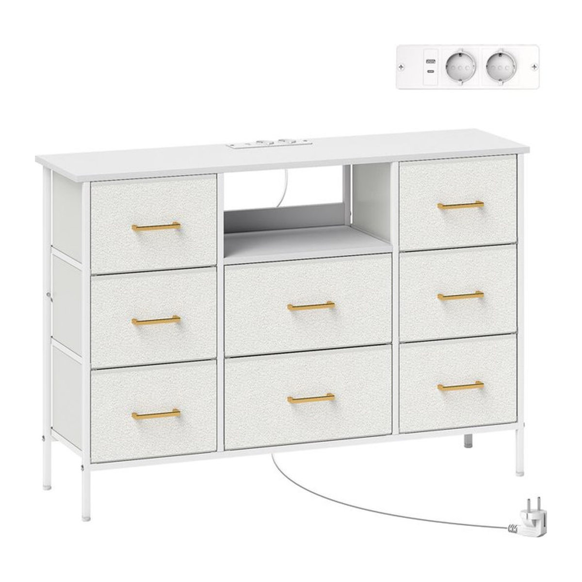 HOMCOM Kommode mit 8 Stoffschubladen und integrierter Steckdosenleiste aus Stahl und Bouclé in Beige und Weiß - Bild 1