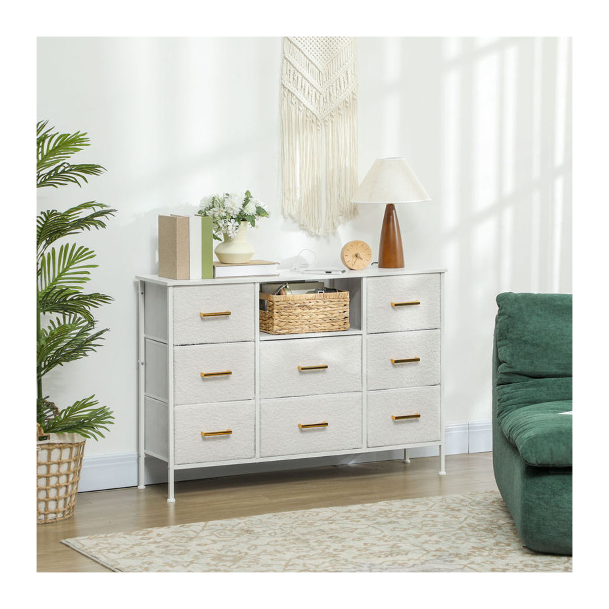 HOMCOM Kommode mit 8 Stoffschubladen und integrierter Steckdosenleiste aus Stahl und Bouclé in Beige und Weiß - Bild 2