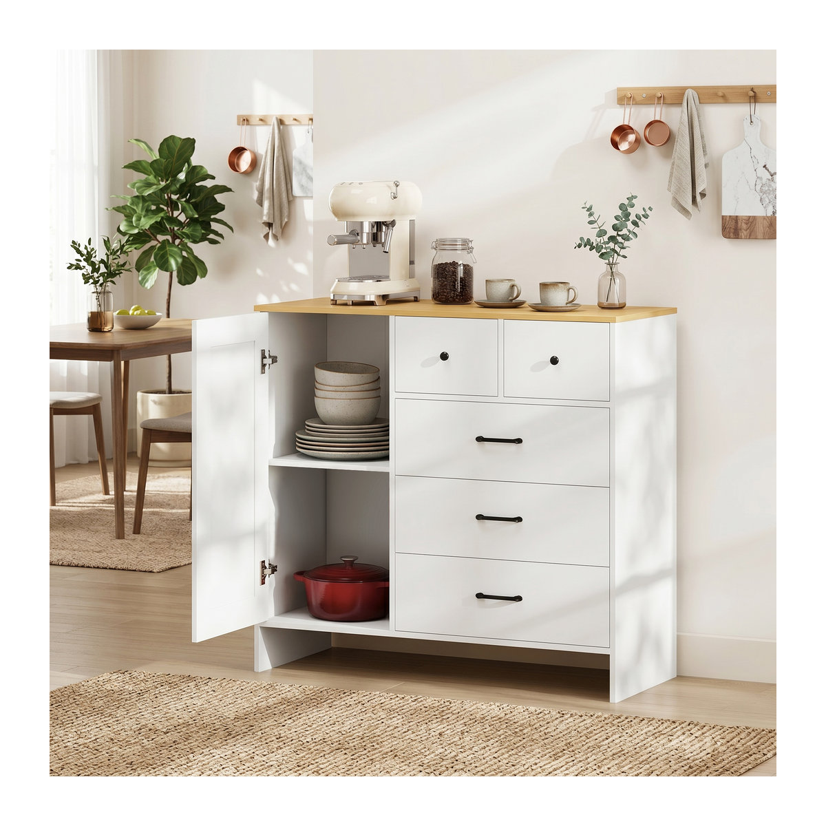 HOMCOM Küchenbuffet im Landhausstil mit 5 Schubladen und Tür, Weiß, B/T/H: 100 x 40 x 94 cm - Bild 2