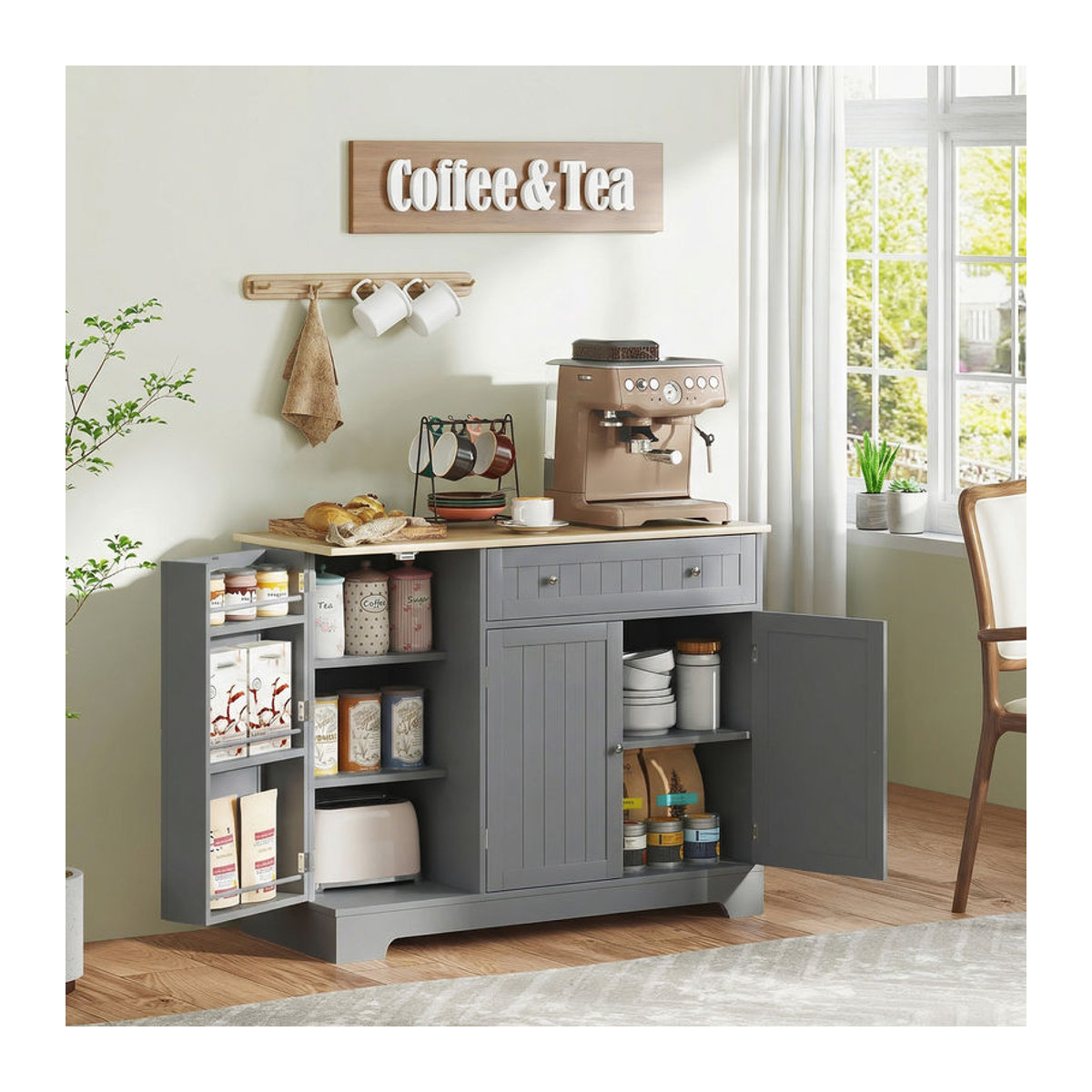 HOMCOM Küchenbuffet in Grau mit 3 Türregalen und 1 Schublade, Sideboard im modernen Landhausstil, B/T/H: 105 x 40 x 83 cm - Bild 1