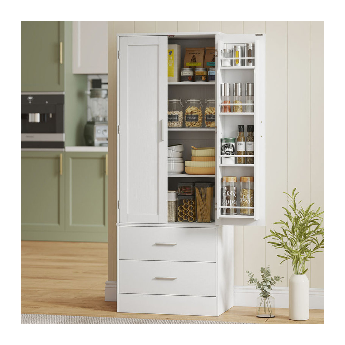 HOMCOM Küchenschrank Buffetschrank in Weiß, moderner Vorratsschrank mit 2 Türen und 2 Schubladen, B/T/H: 60 x 40 x 159 cm - Bild 2