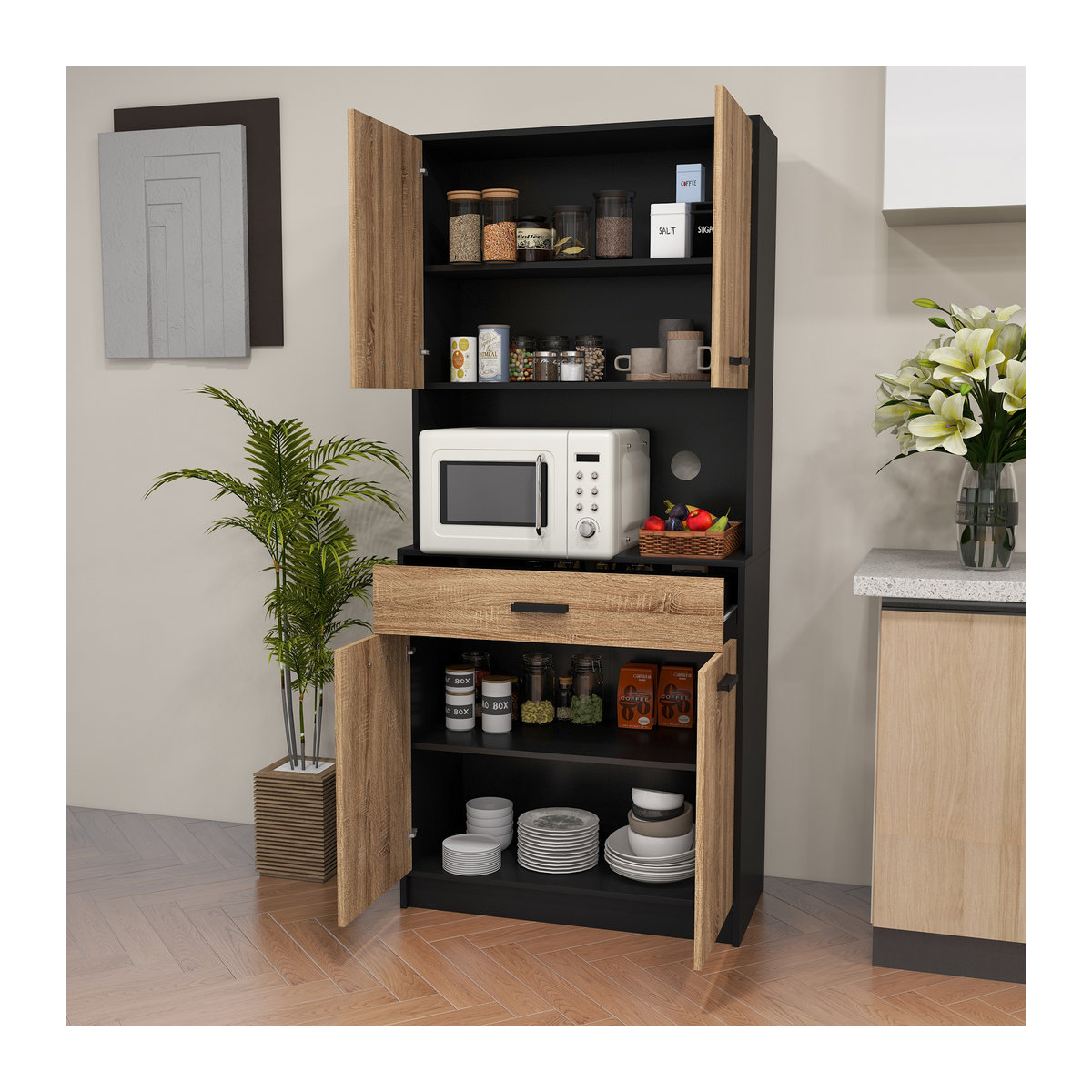 HOMCOM Küchenschrank im Industriedesign mit 4 Türen und 1 Schublade, Schwarz und Natur, B/T/H: 80 x 40 x 180 cm - Bild 2