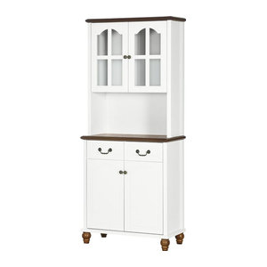 HOMCOM Küchenschrank Weiß mit 2 Schubladen und Vitrinenelement im Landhausstil, B/T/H: 76 x 38 x 182 cm