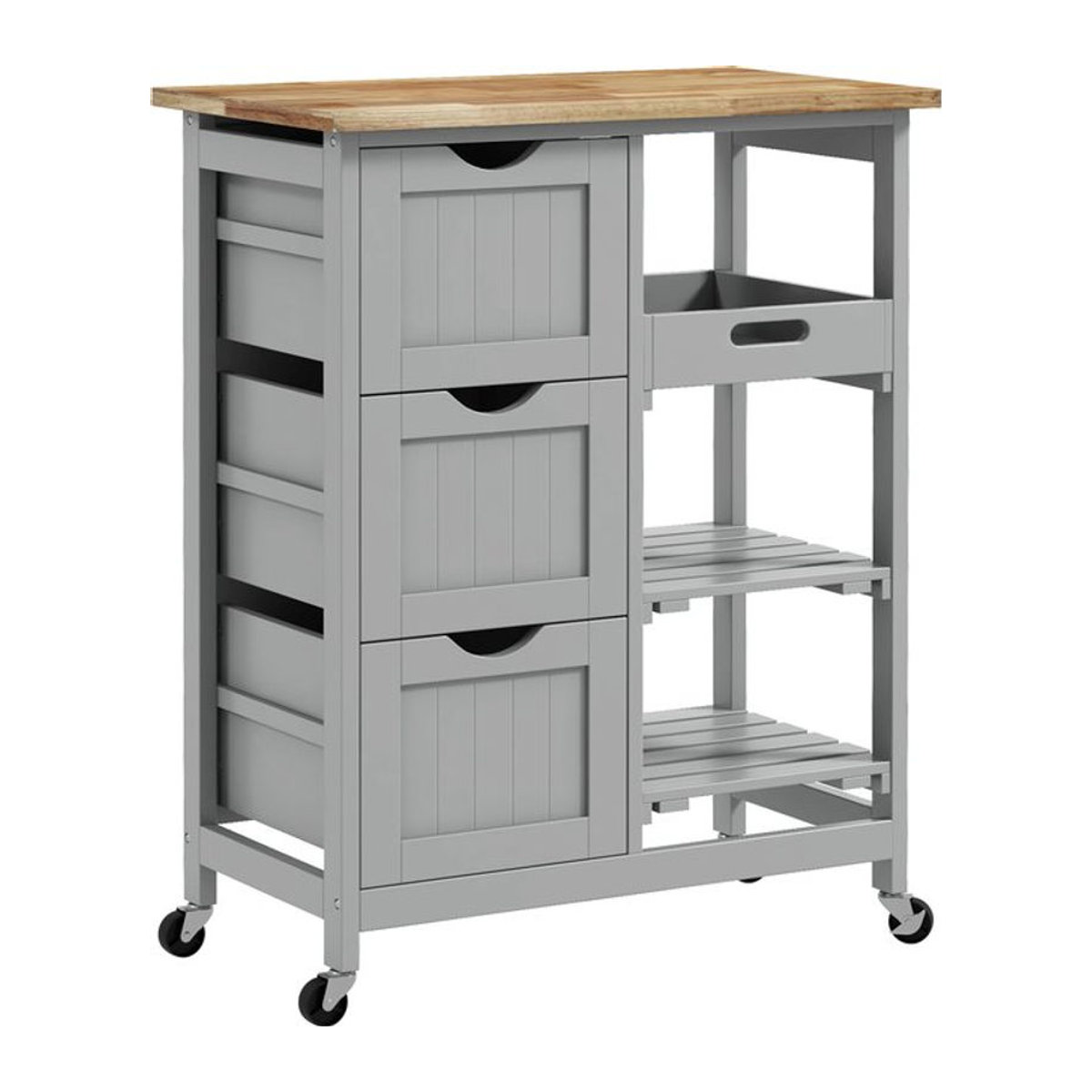 HOMCOM Küchenwagen auf Rollen mit Gummibaumholz-Arbeitsplatte, 3 Schubladen, 2 Regale und abnehmbarem Tablett, Grau, H: 85,5 cm x B: 67 cm x T: 37 cm - Bild 1