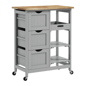 HOMCOM Küchenwagen auf Rollen mit Gummibaumholz-Arbeitsplatte, 3 Schubladen, 2 Regale und abnehmbarem Tablett, Grau, H: 85,5 cm x B: 67 cm x T: 37 cm