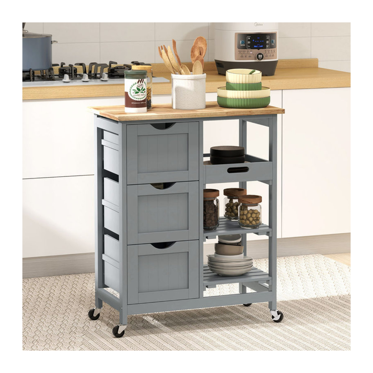 HOMCOM Küchenwagen auf Rollen mit Gummibaumholz-Arbeitsplatte, 3 Schubladen, 2 Regale und abnehmbarem Tablett, Grau, H: 85,5 cm x B: 67 cm x T: 37 cm - Bild 2
