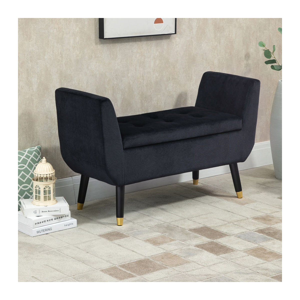 HOMCOM Luxus Polsterbank mit Stauraum und Armlehnen aus Samt in Schwarz, B/T/H: 107 x 42 x 65 cm - Bild 2