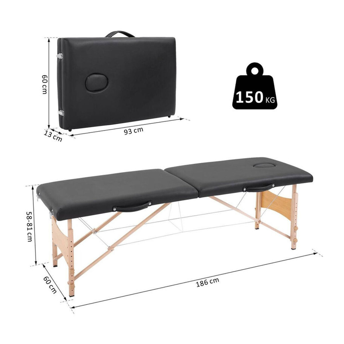 HOMCOM Massageliege aus Pappelholz mit Auflagen in Schwarz, minimalistisches Design, B/H/T: 186 x 58 x 60 cm - Bild 2